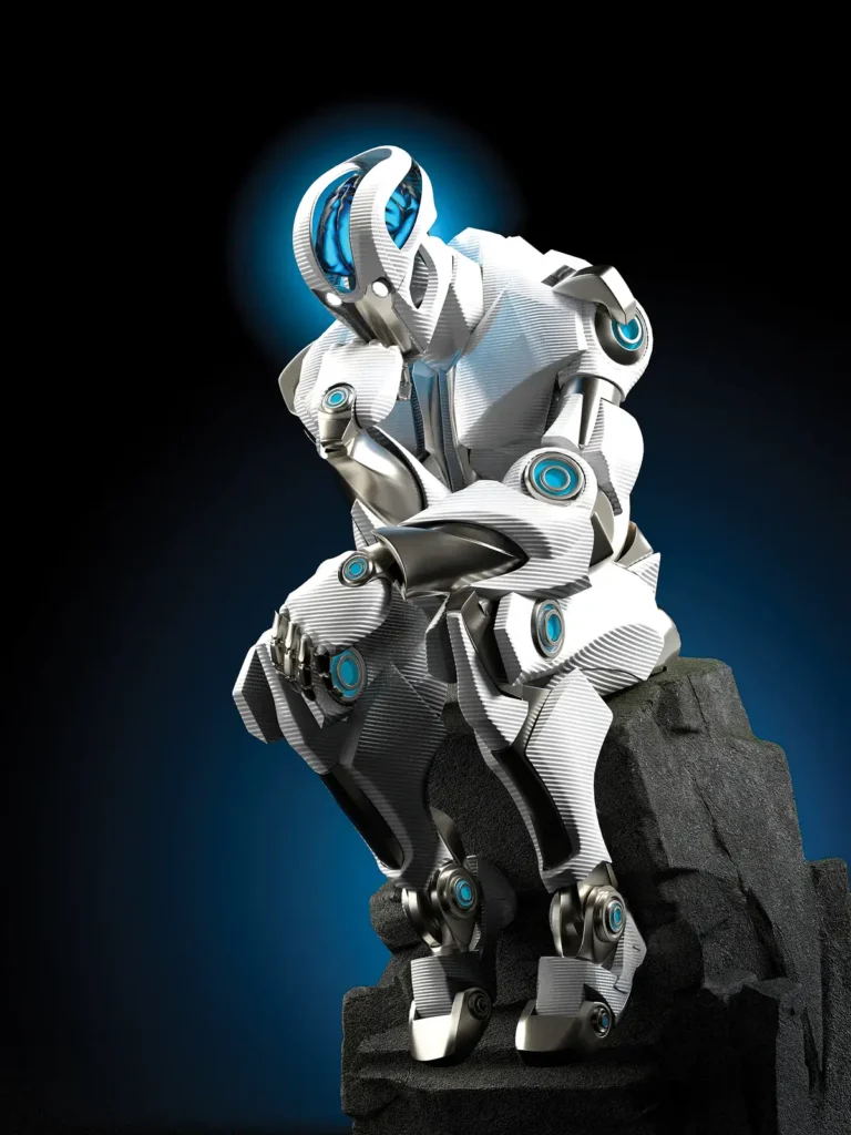 futuristic robot in contemplative pose on a rocky pedestal with blue glowing accents min 768x1024