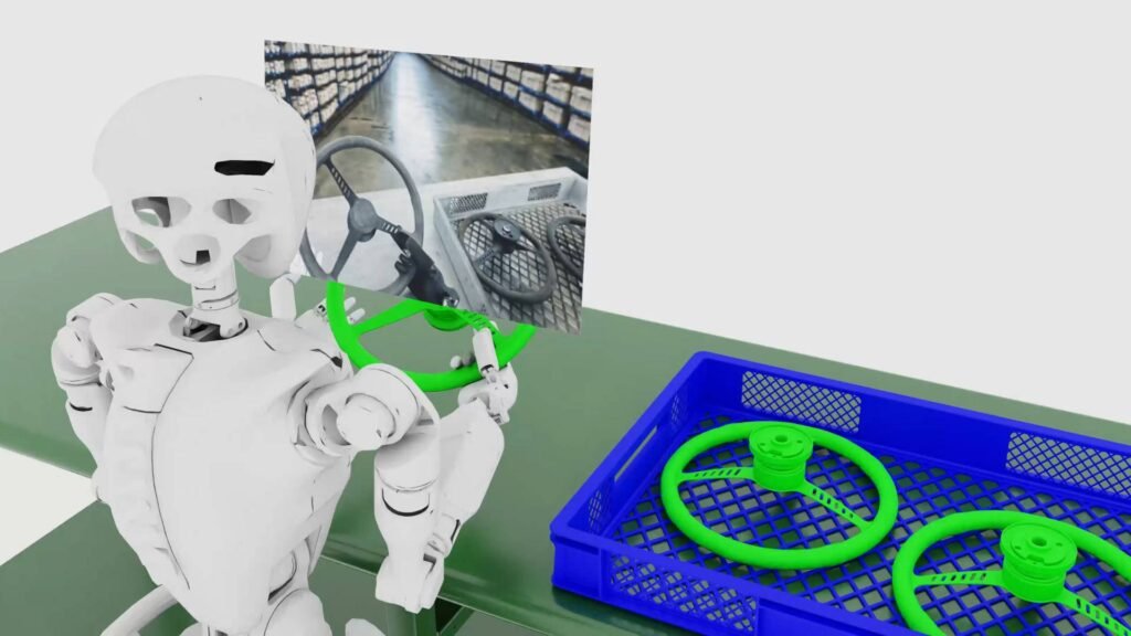 - RobotsInc.com White humanoid robot holds a photo of a warehouse forklift, with a blue crate and bright green hoses nearby.