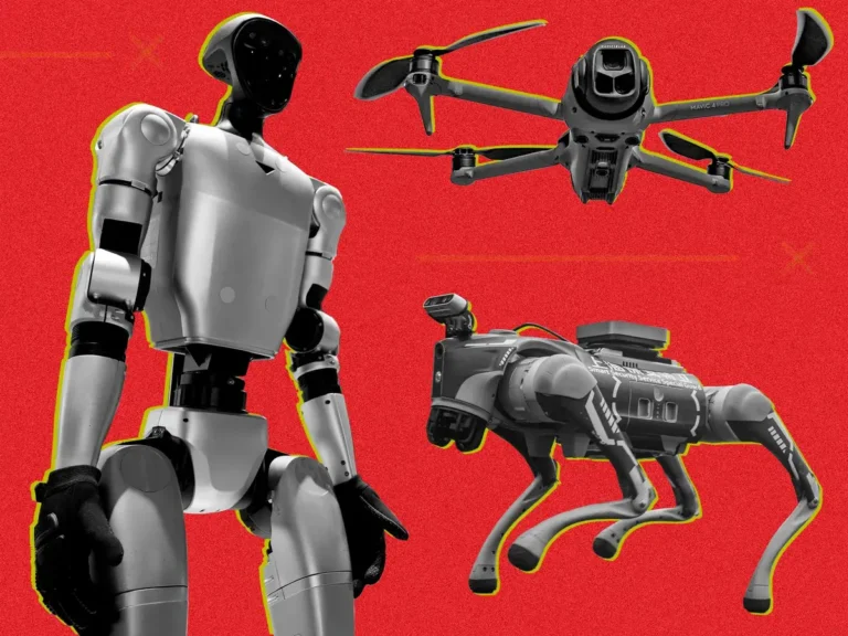 photo illustration shows a chinese made humanoid drone quadruped robot on a red background with yellow highlights min 768x576