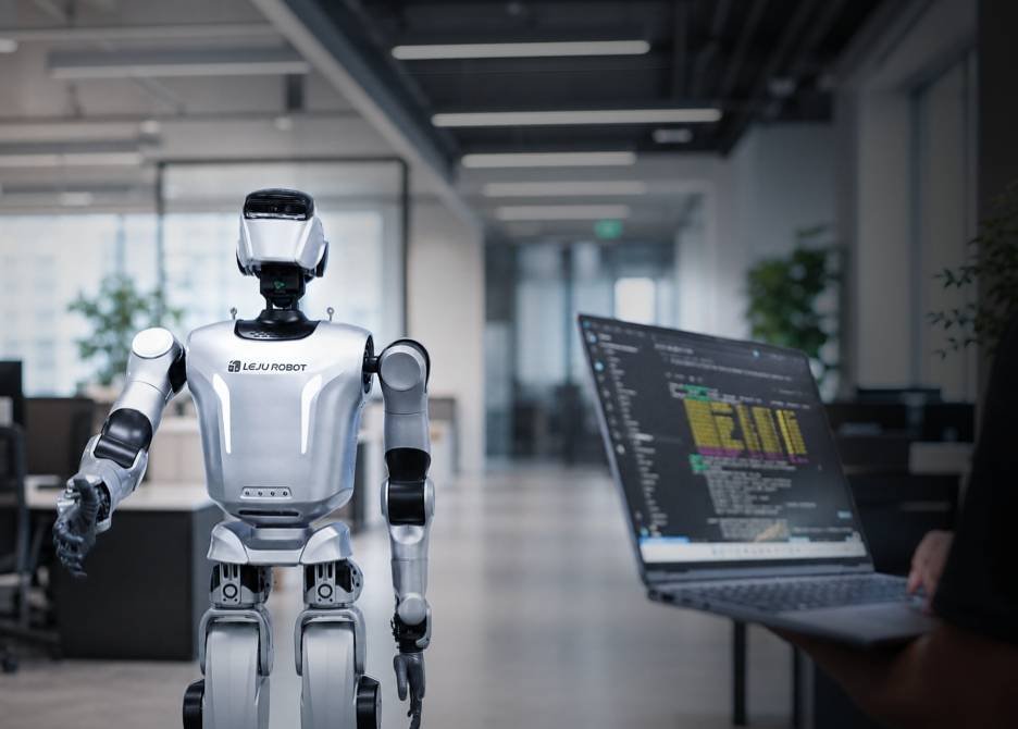 - RobotsInc.com Silver LEJU robot stands in a modern open-plan office next to a laptop showing colorful code on screen.