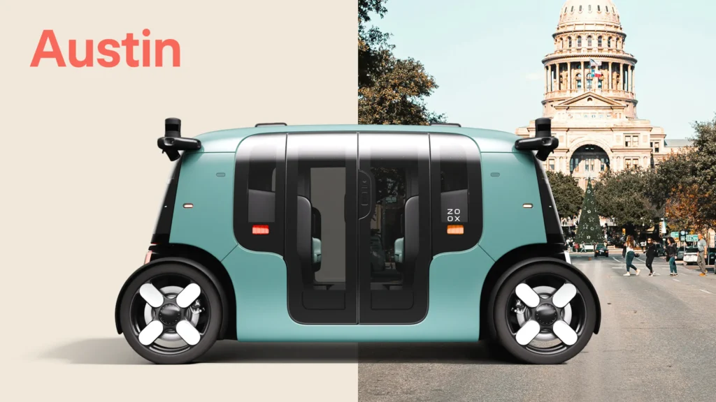 - RobotsInc.com Split image: beige panel with the word Austin beside a teal autonomous vehicle on a city street, Capitol building in the background.