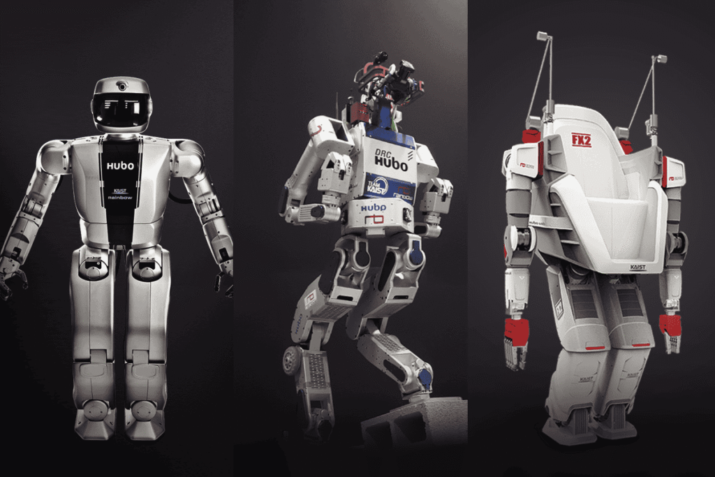 - RobotsInc.com Three humanoid robots stand against a dark background, showcasing silver and white exteriors in a triptych.