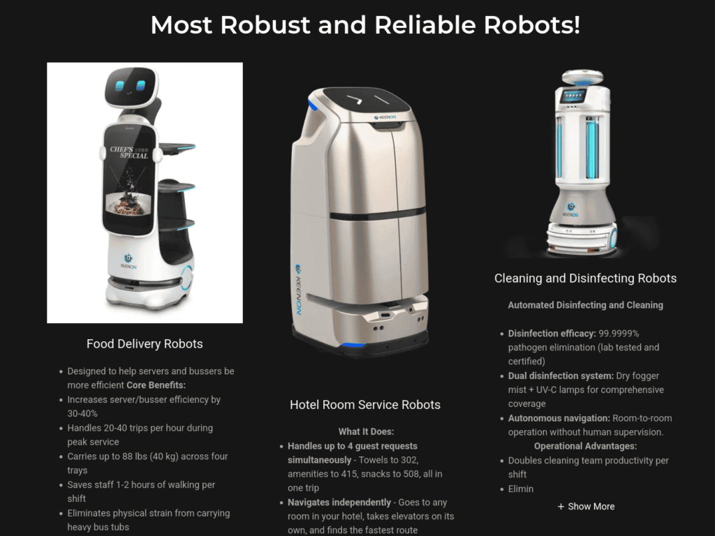 - RobotsInc.com Infographic showing three robot types—Food Delivery, Hotel Room Service, and Cleaning/Disinfecting robots—on a dark background with the title 'Most Robust and Reliable Robots!'