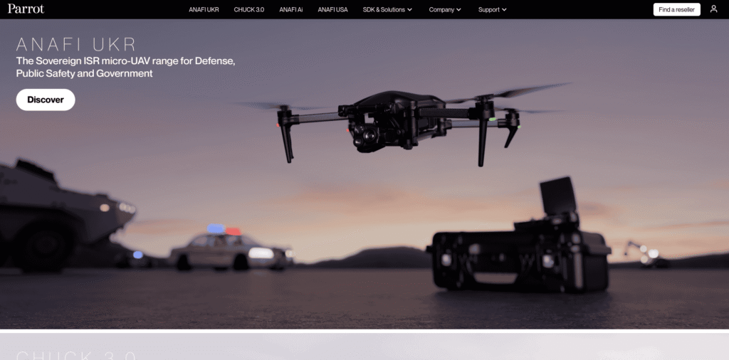 - RobotsInc.com Drone in flight over a dusk-lit field with emergency vehicles in the background, promoting the Anafi UKR UAV kit for defense and public safety