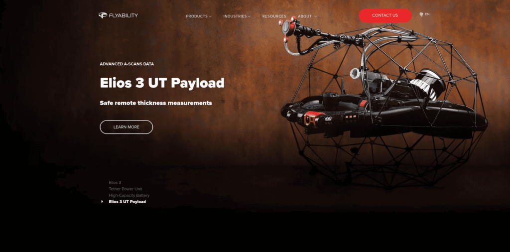 - RobotsInc.com Elios 3 UT Payload inside a geometric cage on a rust-brown hero background, shown for a product page.