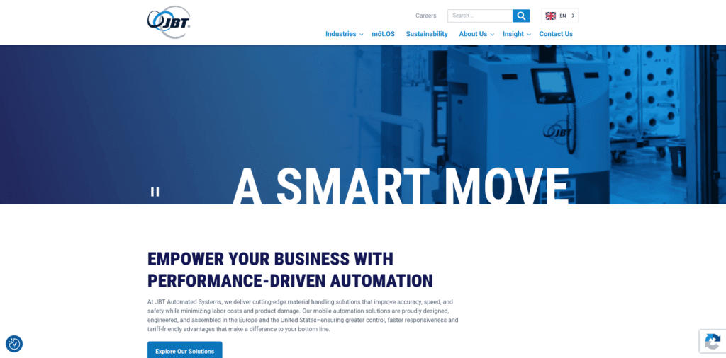 - RobotsInc.com Blue-tinted hero banner showing industrial automation equipment for an industrial solutions company, with the headline 'A SMART MOVE' across the image, conveying efficiency and innovation.
