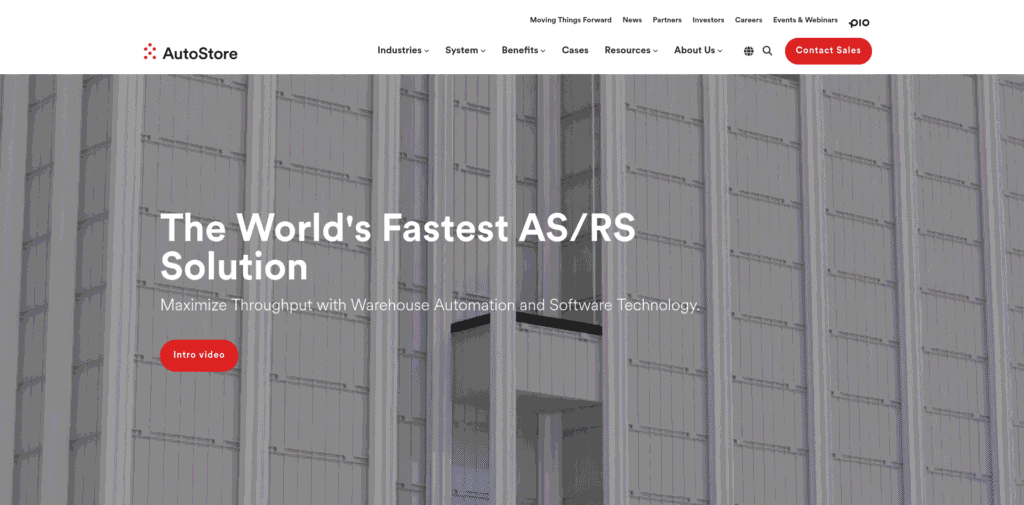 - RobotsInc.com AutoStore hero banner: grayscale warehouse exterior with bold white headline 'The World's Fastest AS/RS Solution' and subheading, plus a red rounded 'Intro video' button.