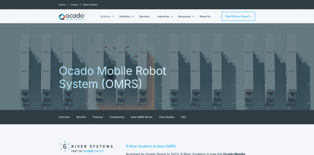 - RobotsInc.com Ocado Mobile Robot System (OMRS) hero banner with a grid-pattern background and large blue title text.