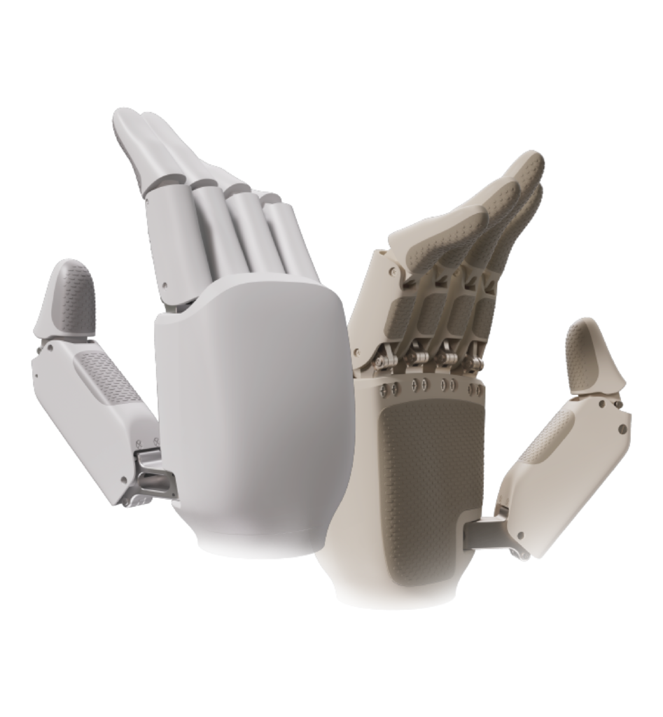 - RobotsInc.com Close-up of a beige robotic prosthetic hand with articulated fingers against a black background.