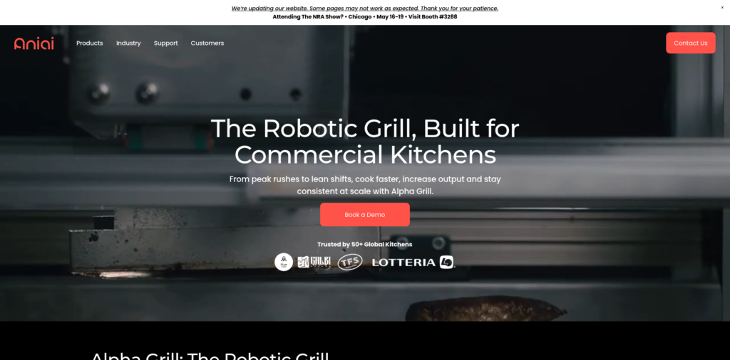 - RobotsInc.com Hero banner of a robotic grill in a dark kitchen, with headline “The Robotic Grill, Built for Commercial Kitchens” and a red Book a Demo button