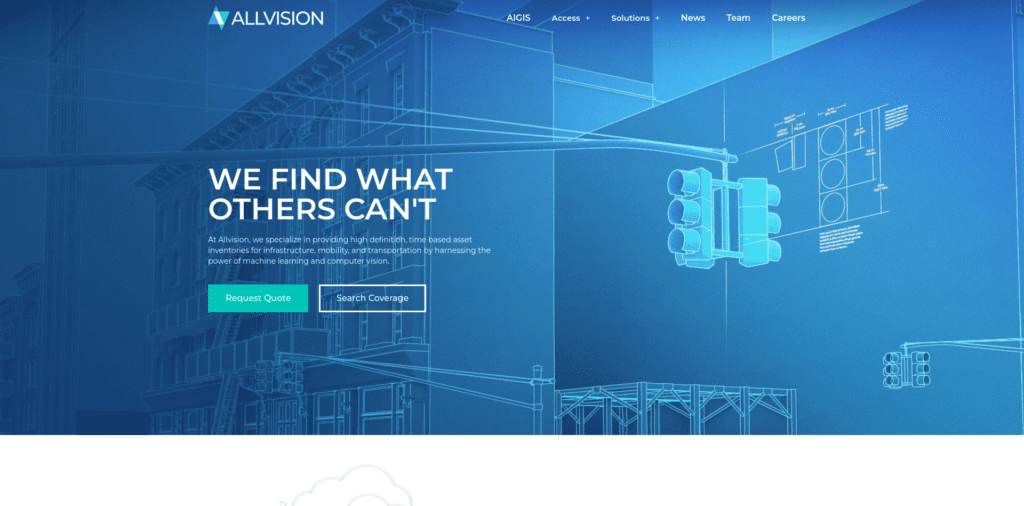 - RobotsInc.com Hero banner for Allvision with a blue blueprint cityscape background and the headline 'WE FIND WHAT OTHERS CAN’T' plus Call-to-Action buttons 'Request Quote' and 'Search Coverage'.