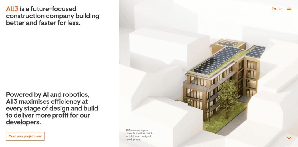- RobotsInc.com All3 promotes a future-focused construction company using AI and robotics, shown by a modern building with solar panels on the roof