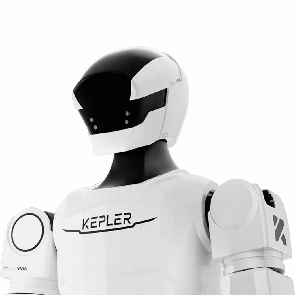 - RobotsInc.com White humanoid robot portrait with a black visor, branded 'KEPLER', set against a green speckled background.