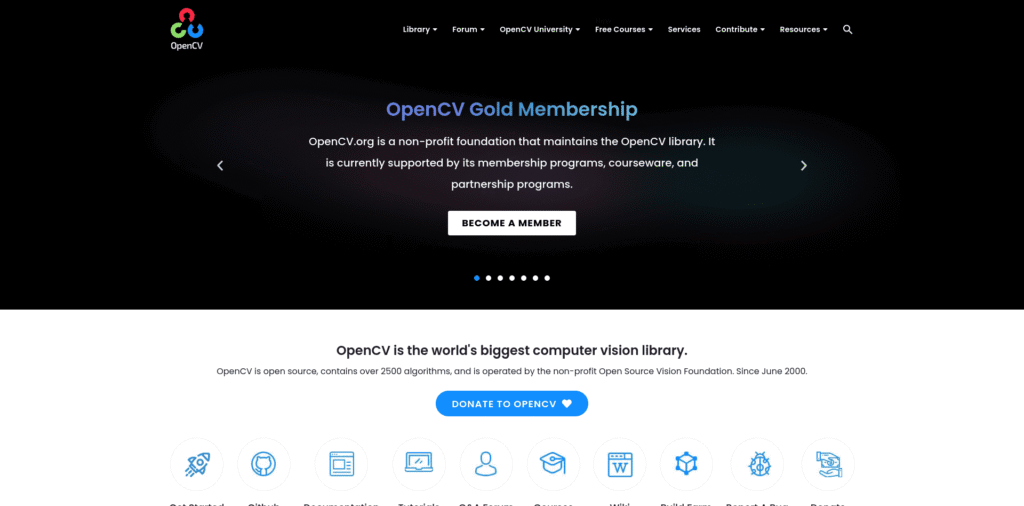 - RobotsInc.com OpenCV Gold Membership hero: dark gradient banner with headline and a white 'Become a Member' button.