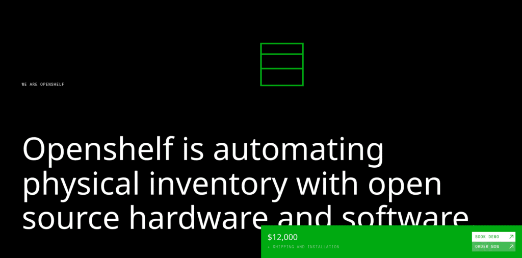 - RobotsInc.com Black homepage hero with a green outlined rack icon, large white headline about OpenShelf automating physical inventory, and a bright green pricing bar at the bottom reading $12,000 plus shipping; small 'WE ARE OPENSHELF' text on the left.