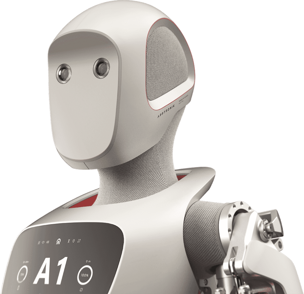 - RobotsInc.com White humanoid robot with a rounded head and mesh neck, chest touchscreen displaying 'A1'.