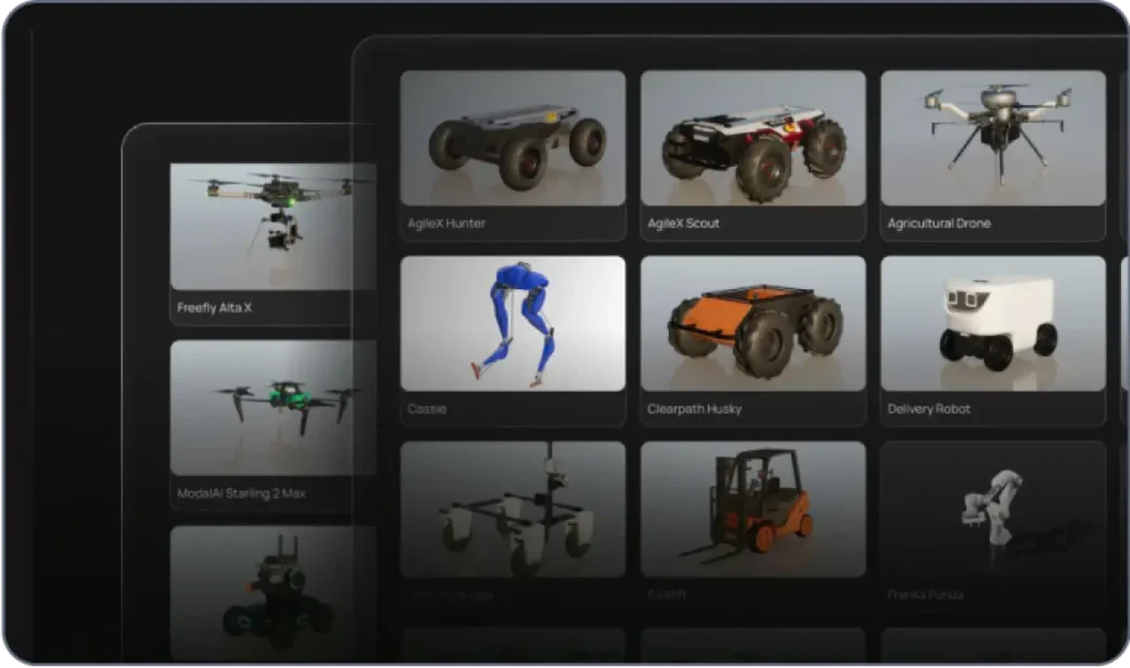- RobotsInc.com Grid of robotic vehicle thumbnails showing different models like AgileX Hunter, AgileX Scout, Agricultural Drone, Cassie, Clearpath Husky, and Delivery Robot in a dark catalog UI.