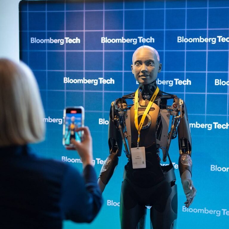 Ameca Full Size Social Humanoid Robot Mezzanine Bloomberg Tech 2024 1 Engineered Arts min 768x768