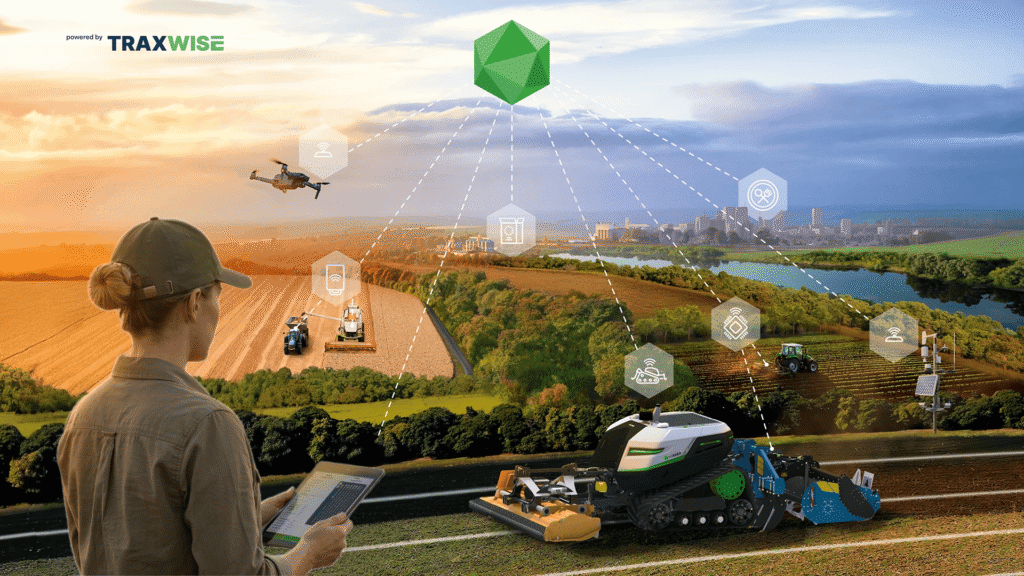 - RobotsInc.com Farmer with tablet observing connected farming drones and autonomous machinery across a rural field.