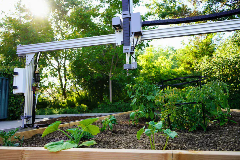 - RobotsInc.com Automated gardening gantry over a raised bed with growing plants in a sunny backyard.