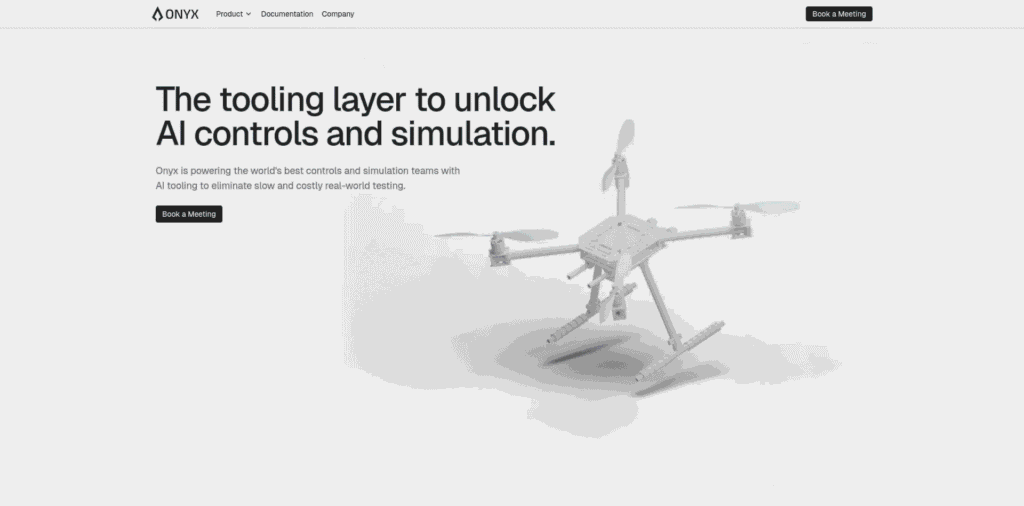 - RobotsInc.com “The tooling layer to unlock AI controls and simulation.”, with a grayscale drone model on the right in a light gray hero background