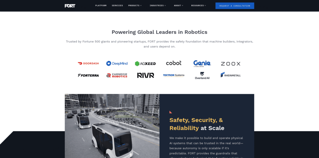 - RobotsInc.com Fort Robotics hero: header with navigation, headline about powering global robotics leaders, and logos of partners like Doordash, DeepMind, Zoox, and Rheinmetall above a split hero image.