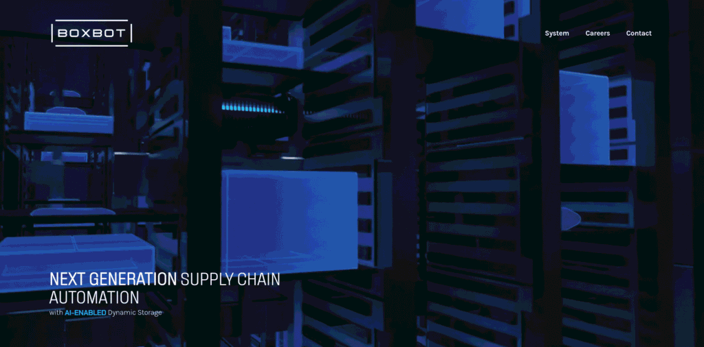 - RobotsInc.com Blue-toned data center racks with a Boxbot logo in the top-left; hero text about next-generation supply chain automation.