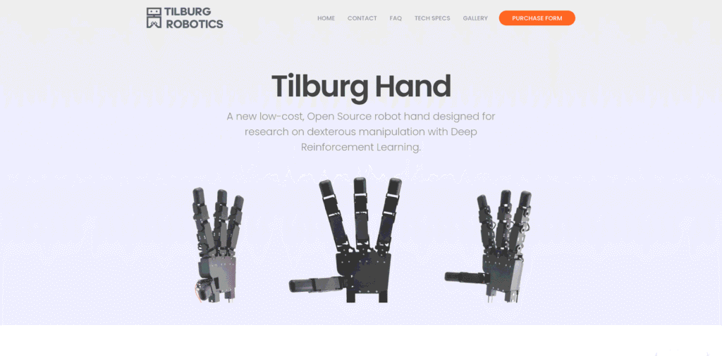 - RobotsInc.com Hero section featuring three robotic hands in the foreground with a light gradient background and the headline 'Tilburg Hand' for open-source research on dexterous manipulation.