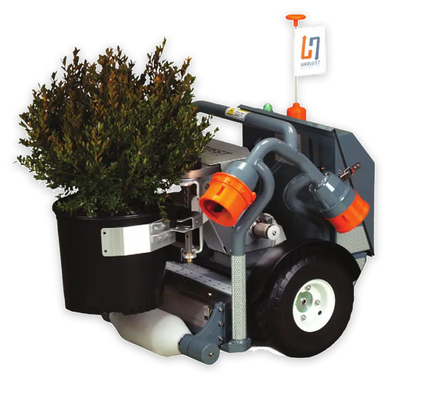 - RobotsInc.com Autonomous plant transplanting robot carrying a potted shrub in its grip, with orange clamps and wheels.