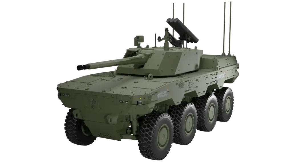 - RobotsInc.com Eight-wheeled green armored fighting vehicle with a long gun barrel, facing left on a black background.