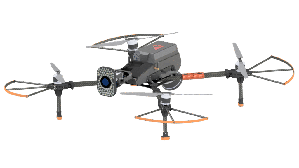 - RobotsInc.com Quadcopter drone with carbon-fiber frame, four propellers, and a front-facing camera mounted on a gimbal. Landing legs are orange.