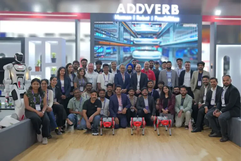 addverb global team at logimat with elixis humanoid robot and trakr quadruped robot min 768x512
