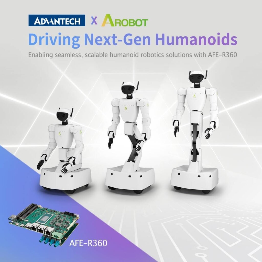 - RobotsInc.com Promo image showing three white humanoid robots standing on bases, with an AFE-R360 circuit board in a purple corner.