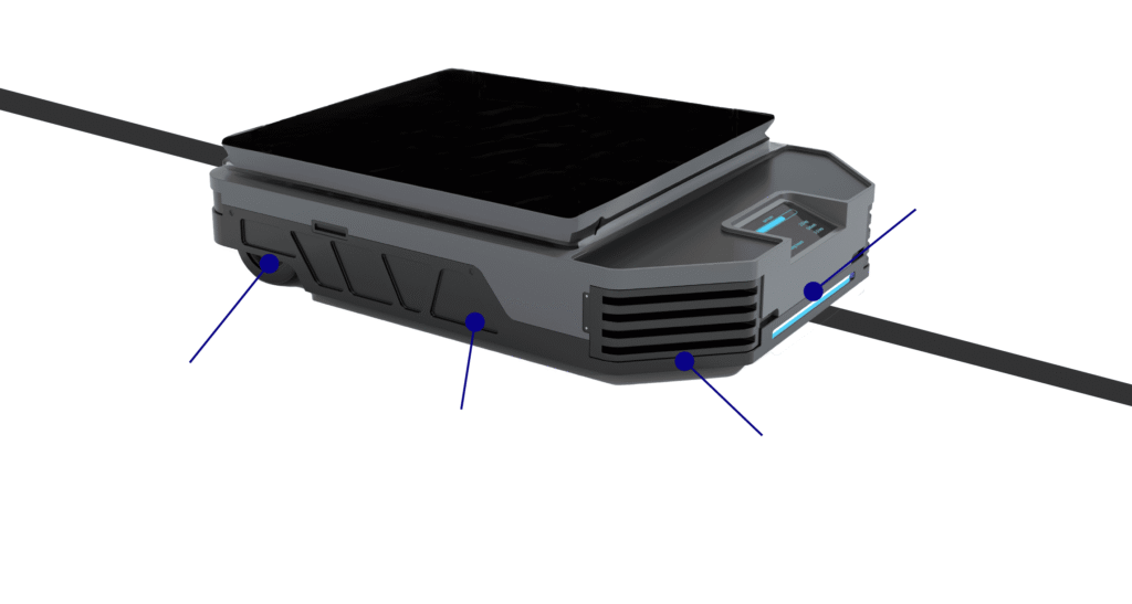 - RobotsInc.com 3D render of a gray handheld scanner with a black top surface and blue annotated callouts highlighting six features