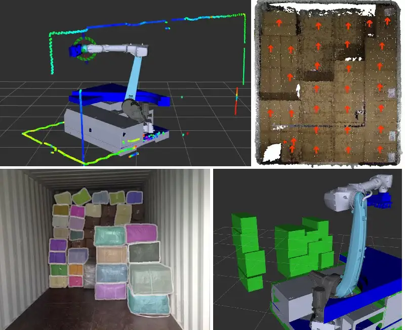 - RobotsInc.com A robotic arm in a 3D simulation performing pick-and-place tasks; surrounding insets show a cardboard crate marked with red arrows, a pile of colorful foam blocks, and green stacked blocks near the arm.