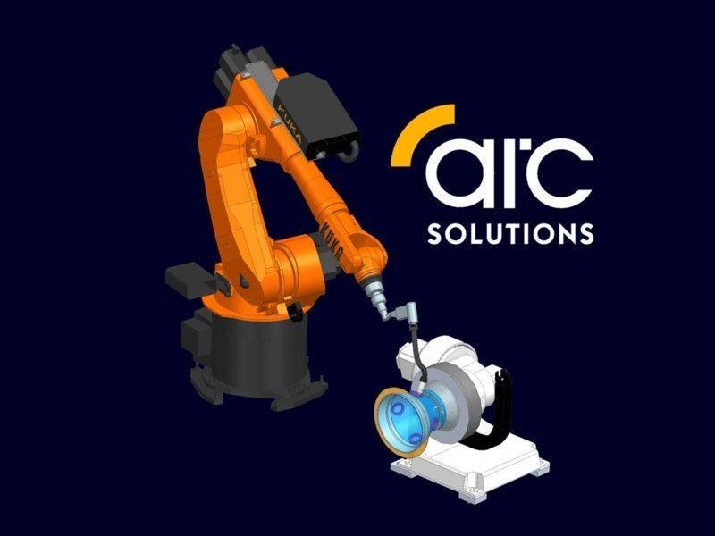 - RobotsInc.com Orange industrial robotic arm operating a precision tool near a blue-lit mechanical component, with the AIC Solutions logo on a dark blue background.