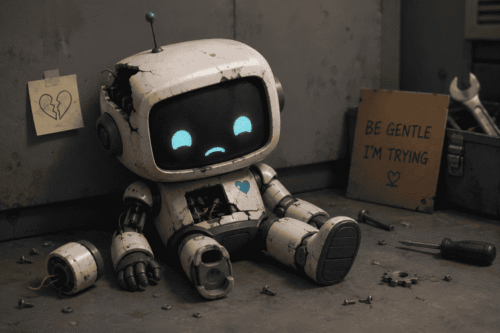 Old, cracked robot toy with glowing blue eyes sits on a workshop floor beside a 'Be gentle I'm trying' sign.