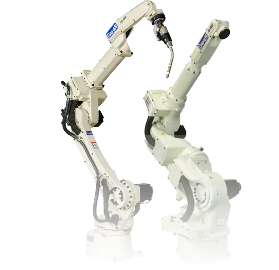 - RobotsInc.com Two white multi-axis industrial robotic arms positioned as if in collaboration for automation.
