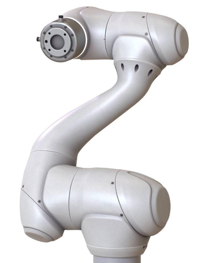 - RobotsInc.com Industrial robotic arm with three jointed segments and a circular end effector on a white background, silver finish