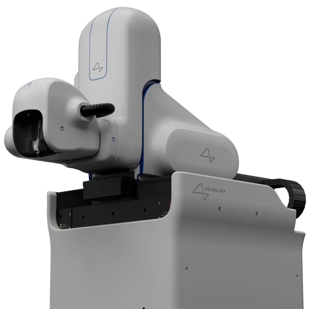 - RobotsInc.com Medical robotics arm branded with Neuralink, a large gray automated surgical assistant on a platform against a dark background