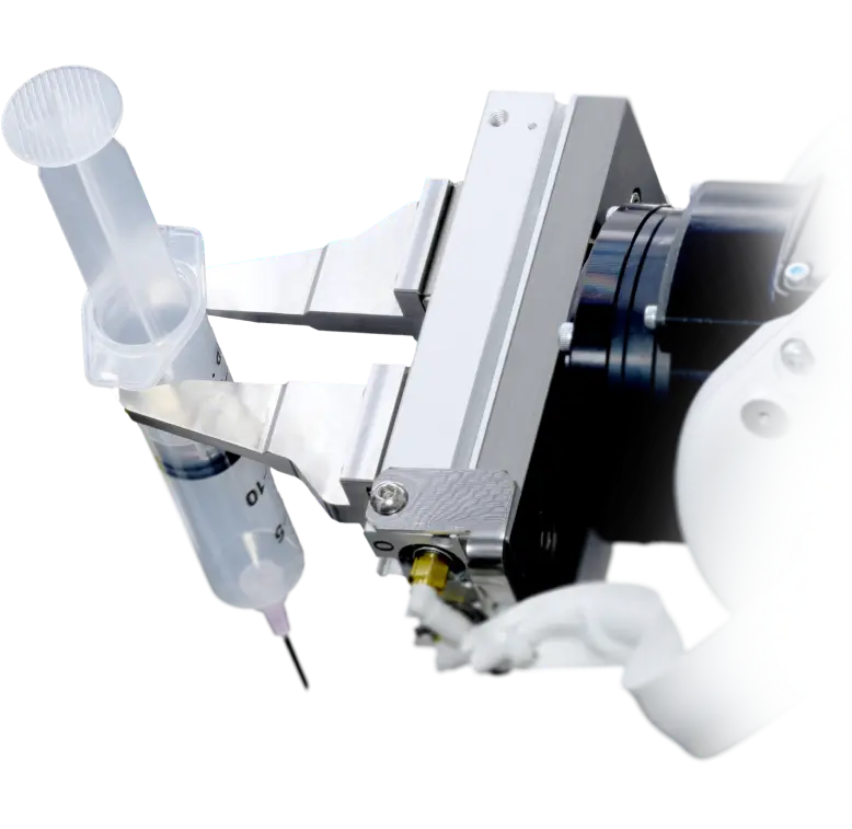 - RobotsInc.com Automated laboratory instrument with a syringe attached to a metal robotic arm used for liquid handling or sample preparation. (Note: aim to describe the function in context: lab automation hardware.)