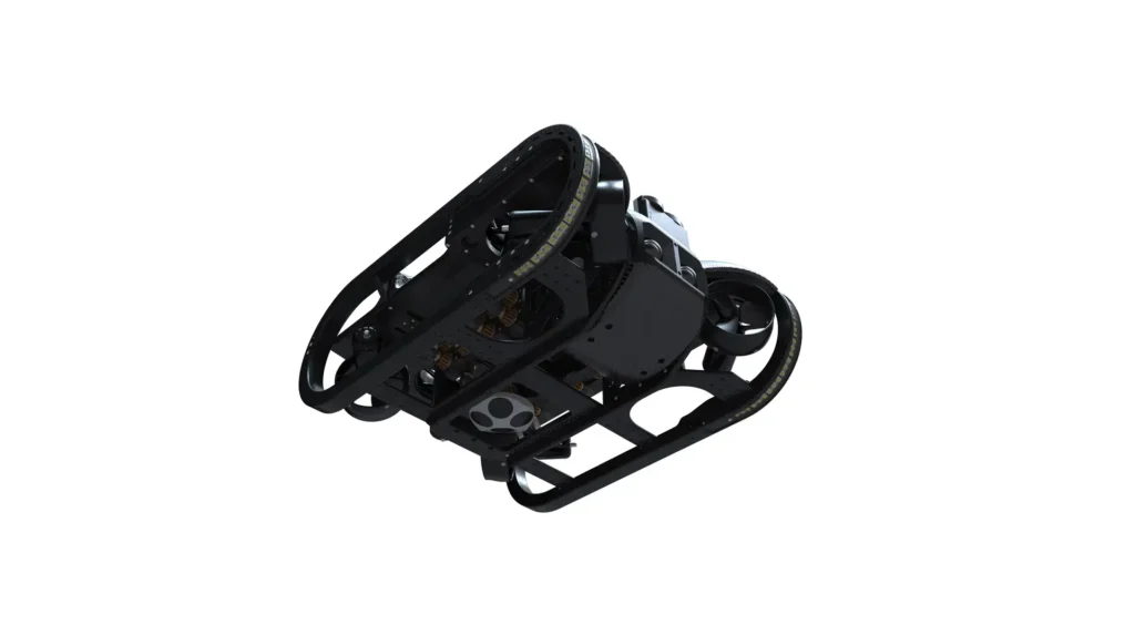 - RobotsInc.com Robotic chassis with circular tracks and exposed gears on a black metal frame, shown at an angle.