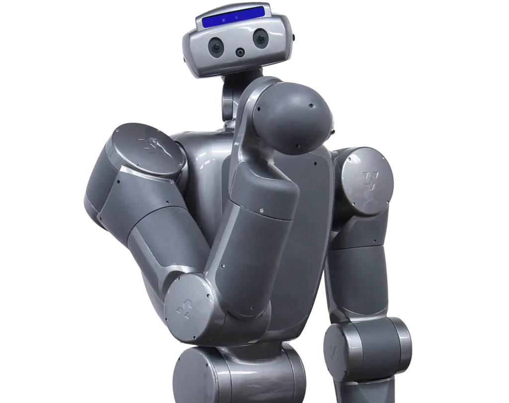 - RobotsInc.com Humanoid robot with a metallic gray body and articulated joints against a striped background.
