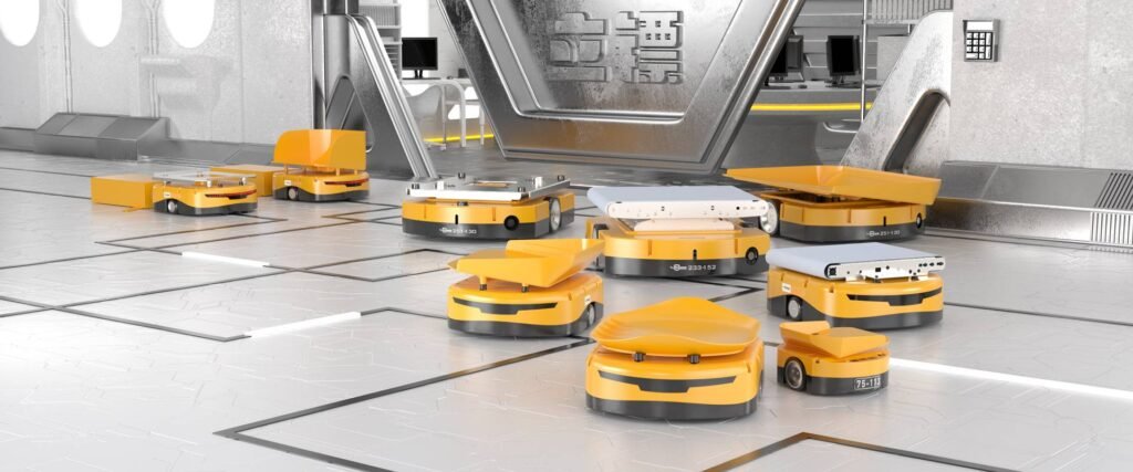 - RobotsInc.com Autonomous yellow pallet robots in a modern industrial warehouse, ready to move goods on a tiled floor.