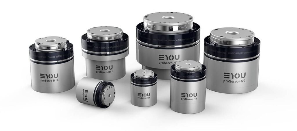 - RobotsInc.com Set of six silver servo motors of varying sizes on a white background, labeled YOU proServo-H14, H17, H08, H11, H20, with two small units in front