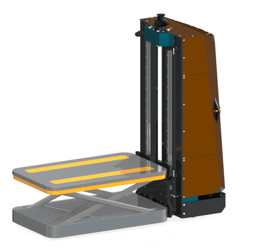 - RobotsInc.com Vertical patient lift with hydraulic columns and an extendable gray platform with orange edges for height transfer of loads or patients.