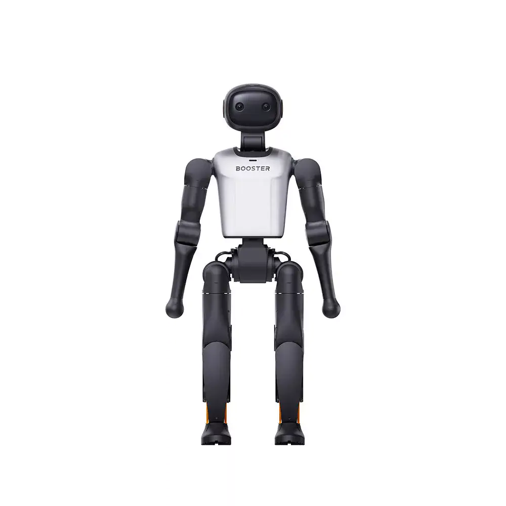 - RobotsInc.com Humanoid robot standing upright, black joints with a white torso labeled BOOSTER, facing forward.