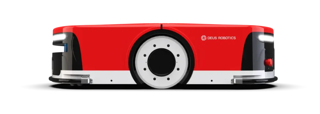 - RobotsInc.com Red and white Deus Robotics autonomous robot module with a large central wheel on a circular platform.