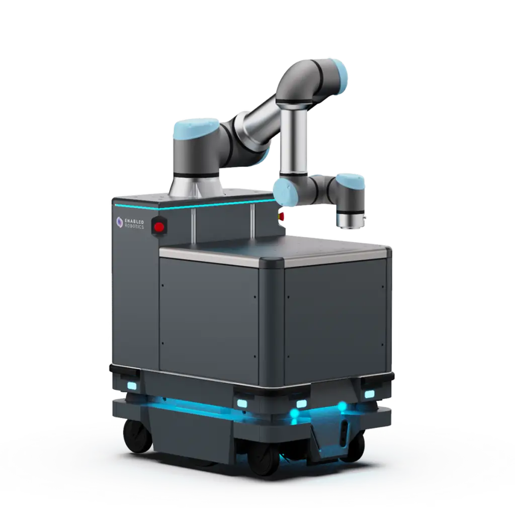 - RobotsInc.com Autonomous mobile robot with a multi-axis robotic arm and blue accents, used for automation.