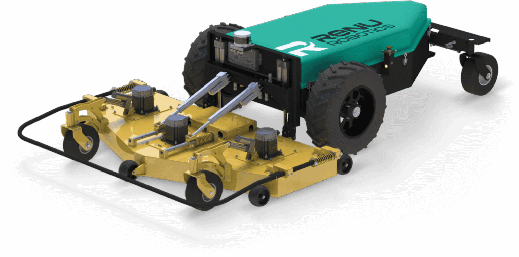 - RobotsInc.com Autonomous robotic rover with a yellow drive base and teal cargo module, large off-road wheels, and visible suspension components.